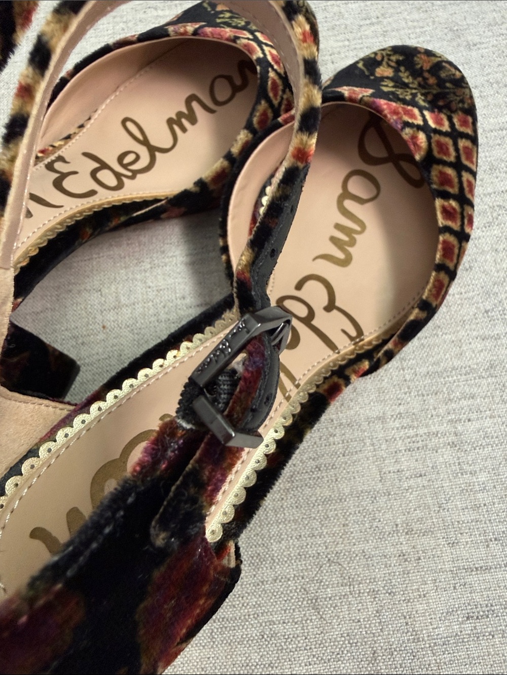 Sam Edelman Black Velvet Floral Ankle-Strap Block Heels - Picture 8 of 9